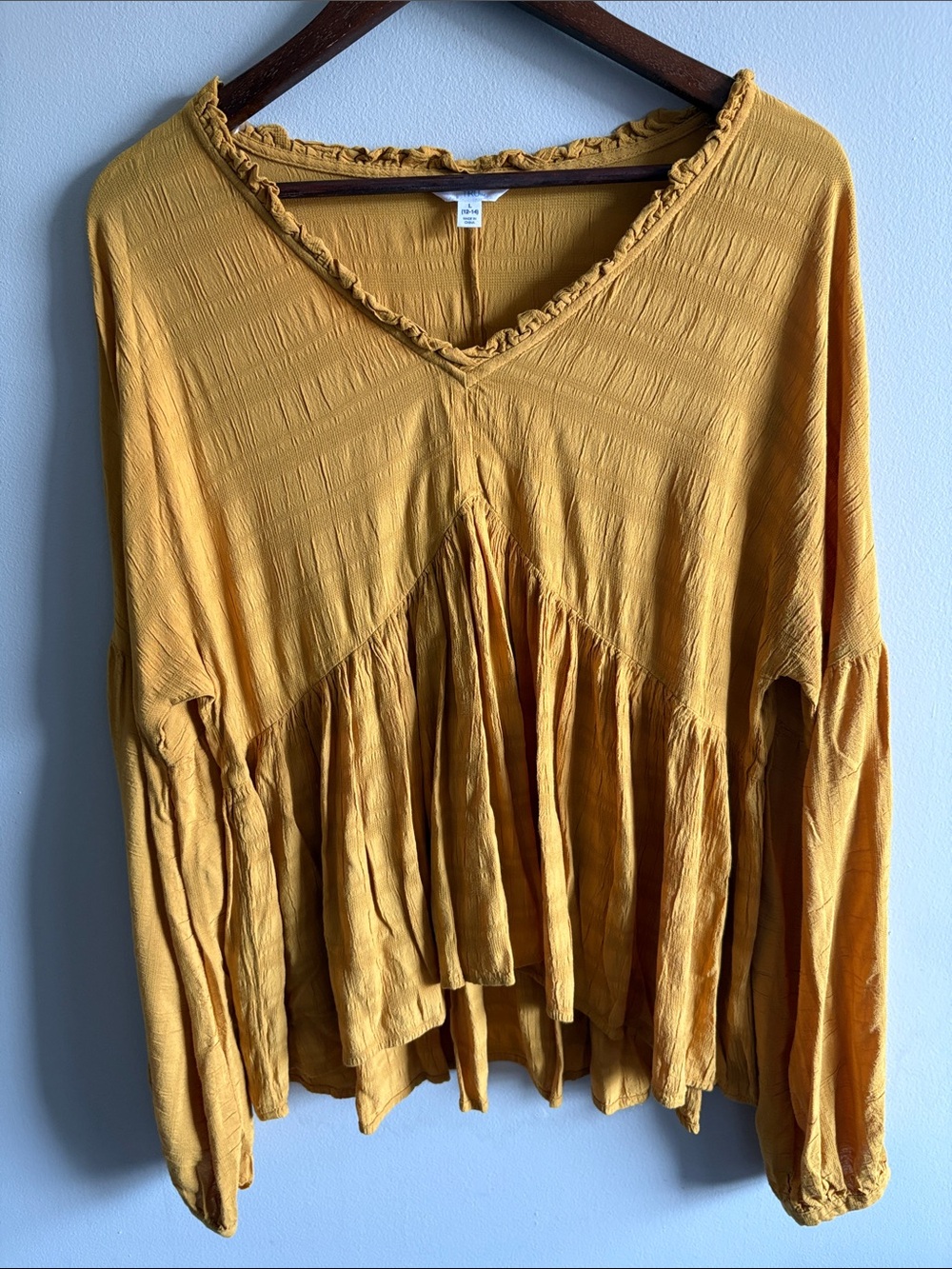 Time and Tru Mustard Yellow Ruffle Neck Peplum Boho Top L 12-14